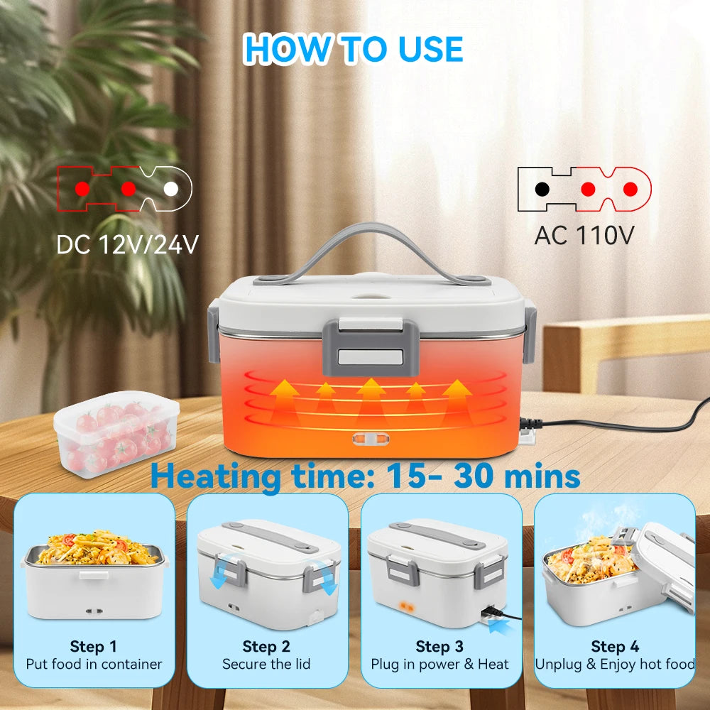 Electric Lunch Box 80W 1.8L Portable Food Warmer Stainless Steel Detachable Heating Bowl Large Capacity For Car Or Home