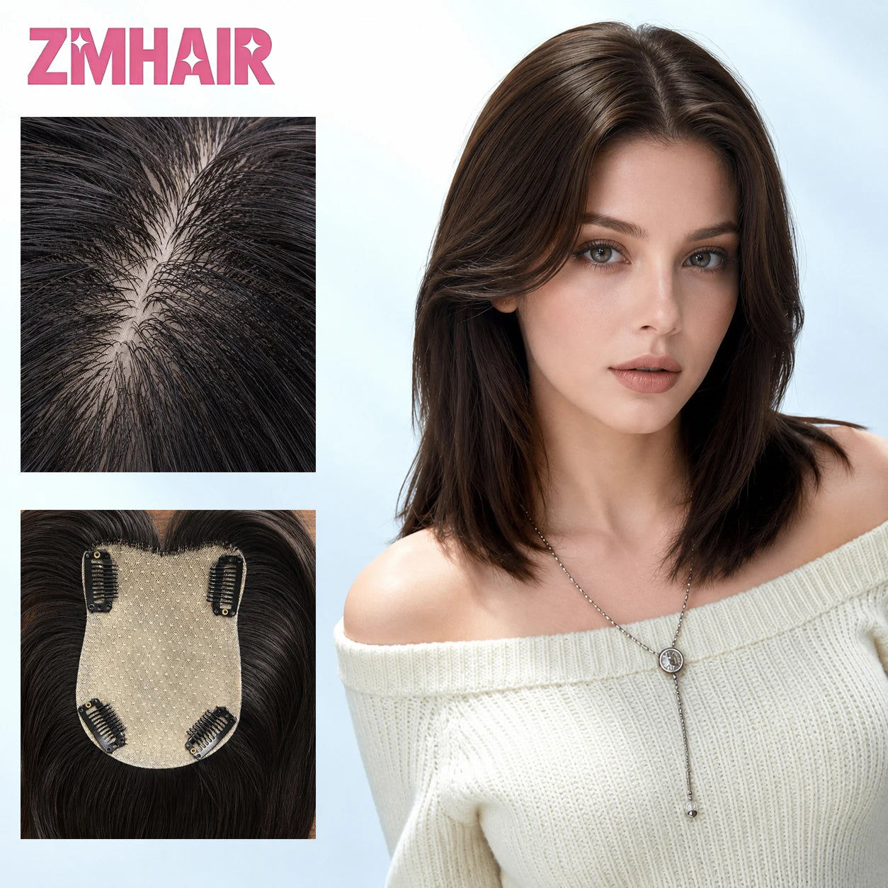 Brown Straight Hair Topper For Women Skin Silk Base Virgin Human Hair Piece Cover Breathable Silk Top Toupee with Clips in
