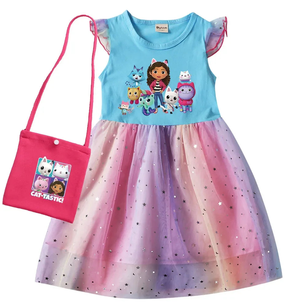 2024 Girls Summer Dresses Gabbys Dollhouse Girls Cat Tastic Costumes Kawaii Kids Birthday Party Princess Dress with Headwear Bag