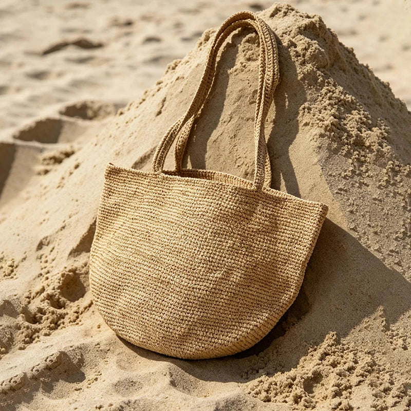 Summer Handmade Raffia Woven Bag, Women's Simple Fashion Shoulder Tote, Beach Vacation Straw Purse,Casual Lightweight for Travel