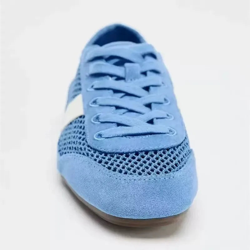 Mesh Breathable Lacing Flat Sneakers Women Lightweight Hollow Derby Sports Shoes Summer Autumn Running Shoes Cozy Ballet Flats