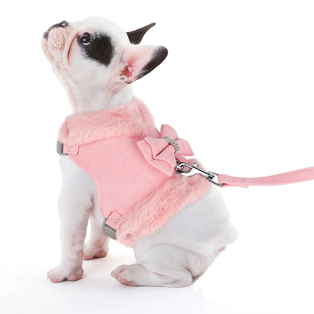 Soft Warm Dog Vest Harness and Leash Set Cute Bowknot Pet Winter Clothes Vest Warm Fur Small Dog Clothing French Bulldog Pink