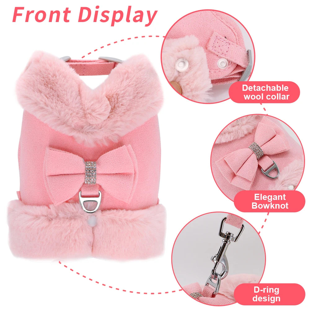 Soft Warm Dog Vest Harness and Leash Set Cute Bowknot Pet Winter Clothes Vest Warm Fur Small Dog Clothing French Bulldog Pink