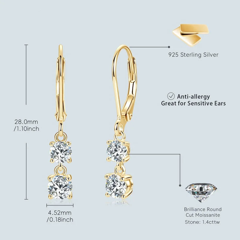 IOGOU D Moissanite Drop Earrings for Women 925 Sterling Silver Leverback Trendy Wedding Fine Jewelry Gift with Certificate