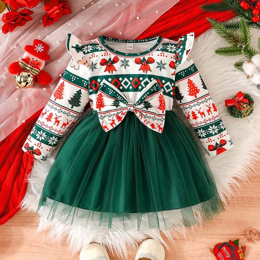 Toddler Baby Girl Christmas Mesh Dress Long Sleeve Christmas Themed Carnival Princess Dresses Girls Party Costume Dresses