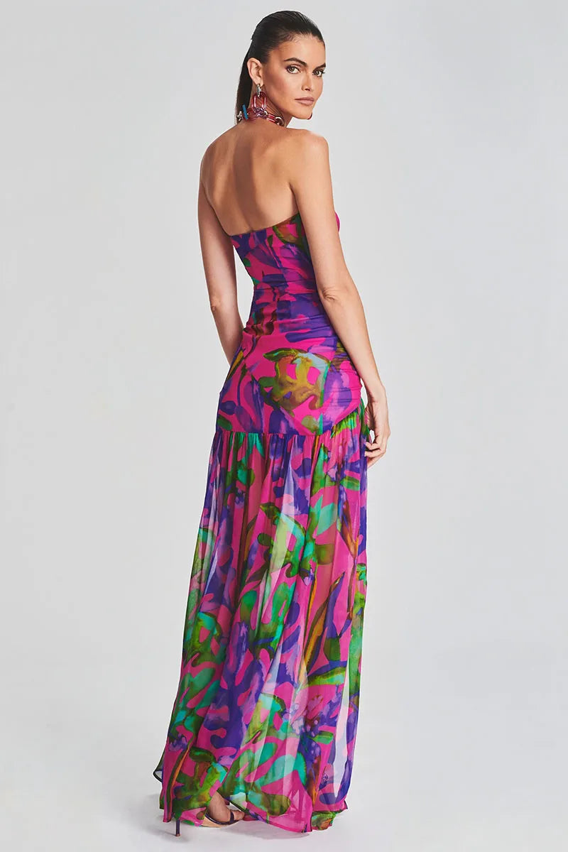 Women Sexy Dress Tropical Print Strapless Mesh Patchwork Slit Hem Vacation Maxi Dress Slim Vintage Off Shoulder Summer Dresses