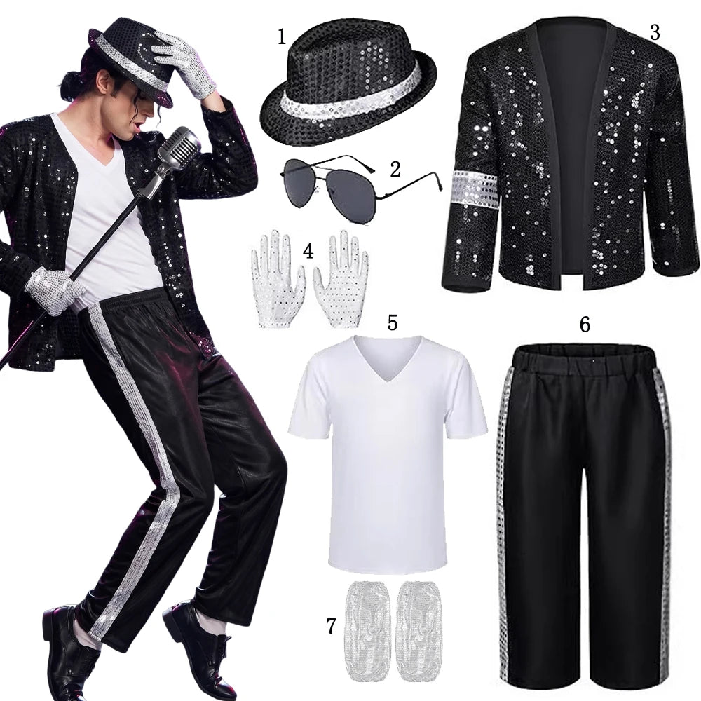 Adult Kid 80s 90s Pop Star Jackson Cosplay Outfit Hip Hop Dance Matching Family Costume for Halloween Carnival Stage Performance