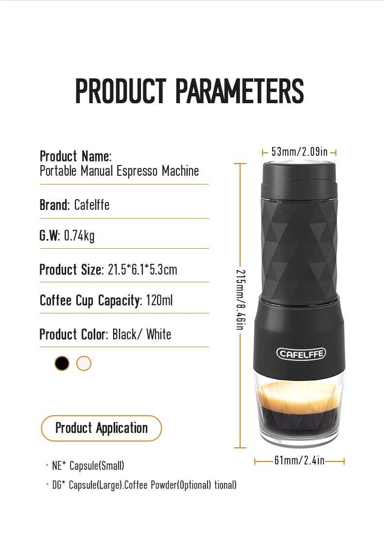 Cafelffe 3in1 Portable Coffee Machine Manual Espresso Maker For Capsule & Ground Milk Froth Hand Press Brewer hiking Travel Gif