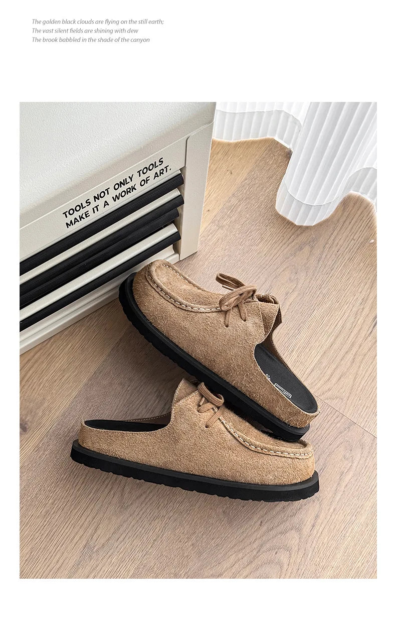 2025 Retro bag head lace-up leather one-pedal summer half slippers men and women couple cowhide shoes