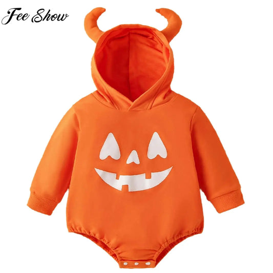 Infant Girls Halloween Theme Party Carnival Pumpkin Ghost Skeleton Cosplay Costume Skull Pumpkin Face Apparition Print Romper