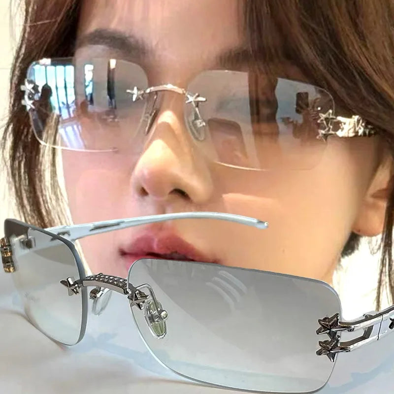 Punk Rimless Square Sunglasses Women Men Metal Bow Frame Luxury Designer Glasses Popular Shade Summer Travel Sun Glasses Eyewear
