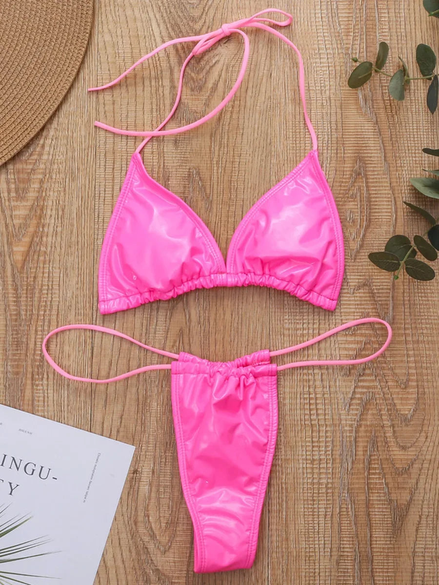 Shiny PU Mini Micro Bikini 2025 Women Swimsuit Female Brazilian Swimwear Two Pieces Bikini Set High Cut Bathing Suit Swim Lady