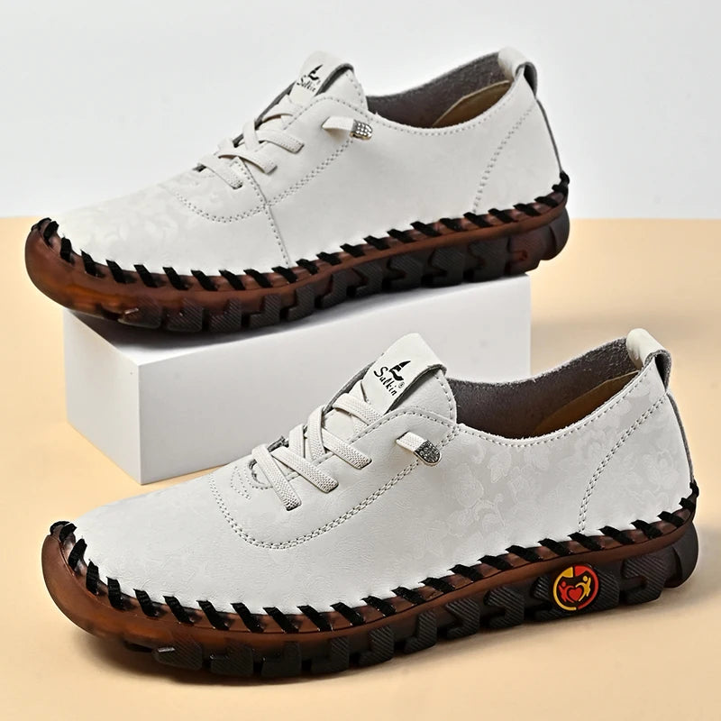 Print Fashion Sneakers Women Hand-stitching Leather Casual Shoes Design Platform Loafers Breathable Flats Shoe Driving Plus Size