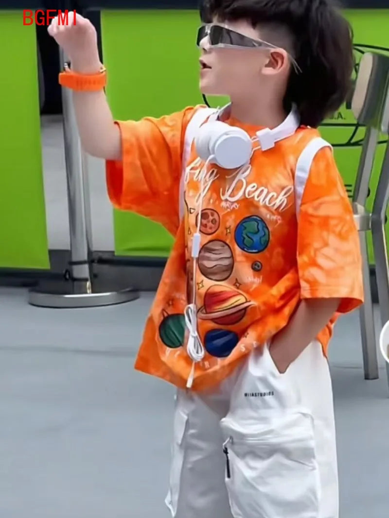 Summer Children's Costume Fashion Boys Clothing New Cartoon Printed Orange Short Sleeved T-shirt White Overalls Shorts 2pcs Set