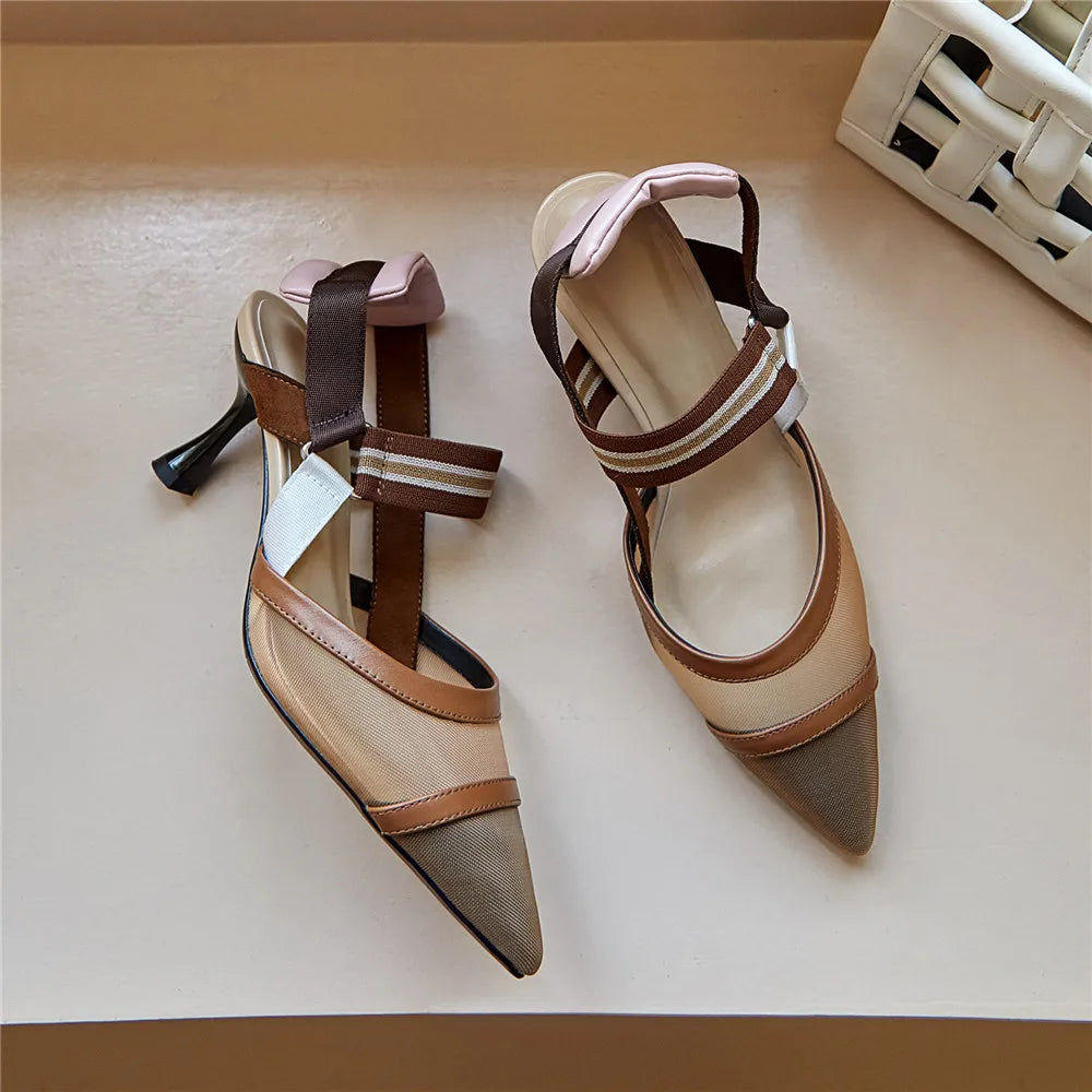 Aucegi Pointy Toe Thin High Heel Slingback Sandals Women Brand Design Elegant Genuine Leather Splicing Mesh Party Dress Shoes