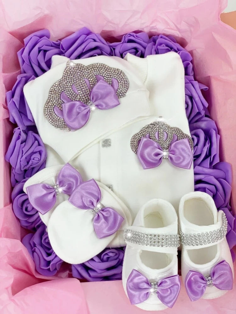 Dollbling Baptism Outfit Boy Prince Luxury Bling Christening Coming Home Romper Bonnet Set Mittens Nursery Hospital Clothing set