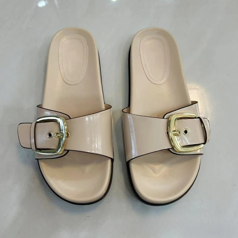 Summer Comfortable Moccasin Flat Sandals Women Sexy Open Toe Buckle Design Brand Beach Slippers Big Size Thick Bottom Slippers
