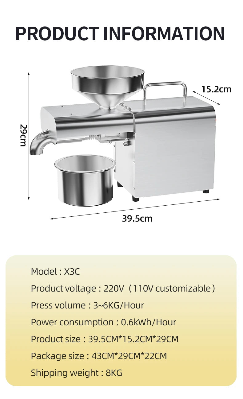 Electric Oil Press Machine, Cold/Hot for Home Use Automatic Oil Extractor for Peanut, Sesame, Sunflower Seeds, Stainless