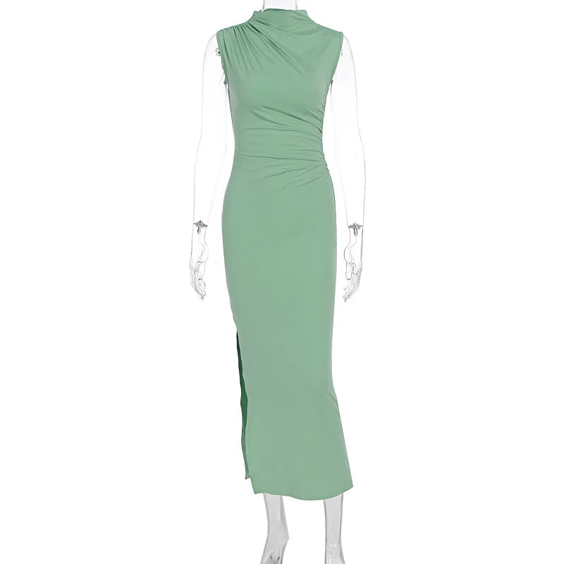 YUZHEXI elegant sleeveless ruched midi dress women commuter bodycon solid color robe black red pink split clothes summer