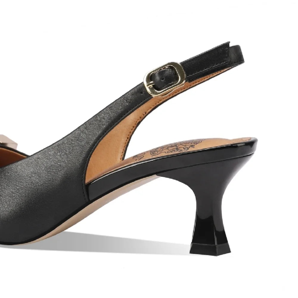 【JOCHEBED HU】Summer Brand Genuine Leather Mid Heels Women Sandals Fashion Slingback Pumps Office Lady Shoes 33-43