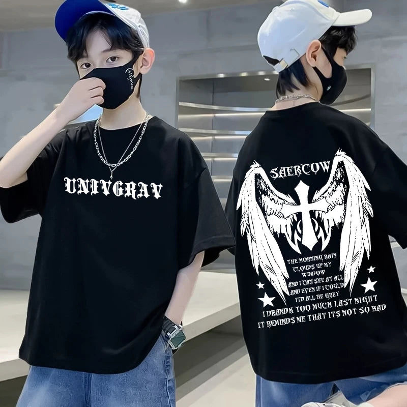 100% Cotton Boys T-shirt Summer Streetwear Cool Graffiti Print Girls Tees Short Sleeve Children Tops High Quality Kids Clothes