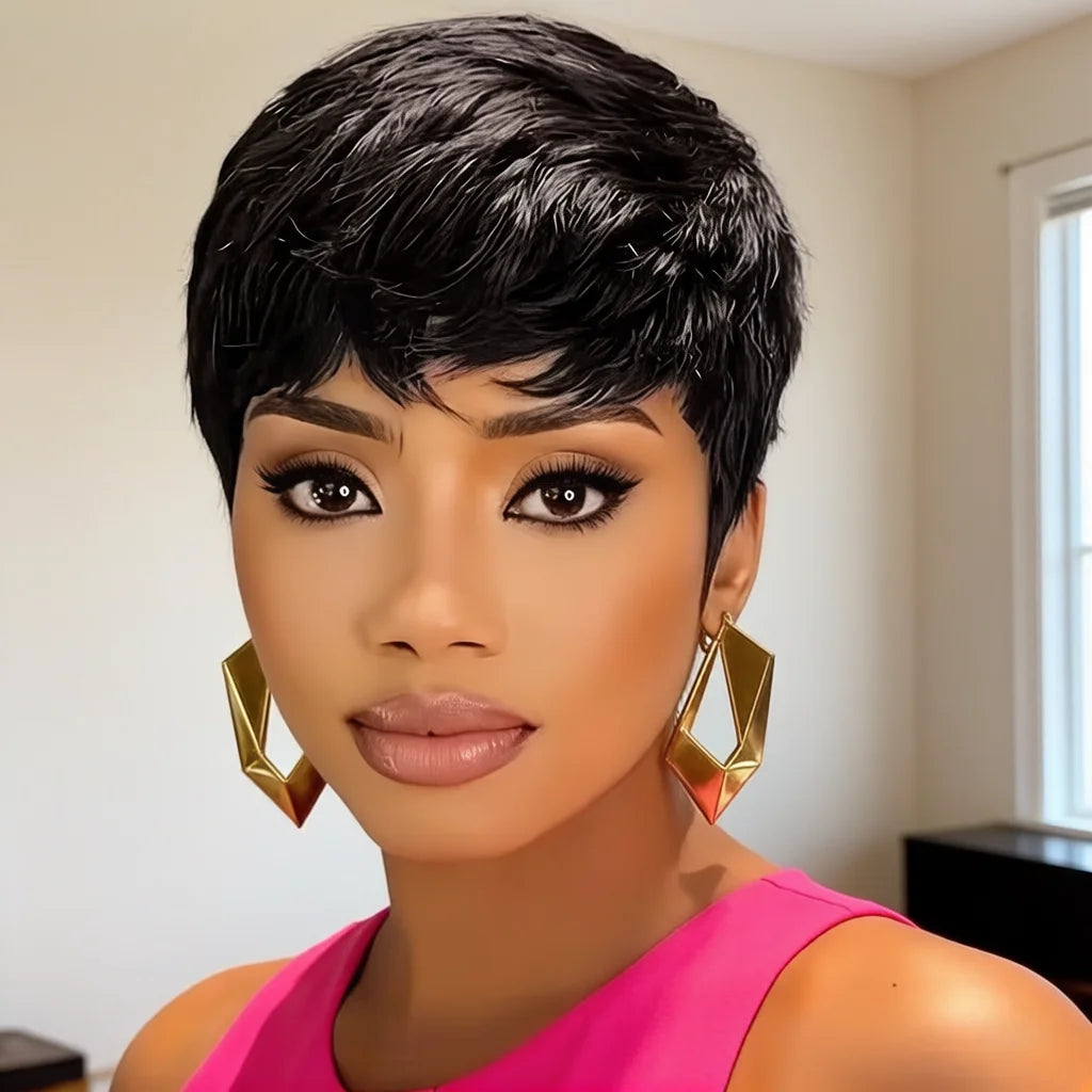 Human Hair Short Pixie Cut Wig for Women -Burgundy 99J Short Straight Human Hair Wig with Bangs,full machine made Natural Lookin