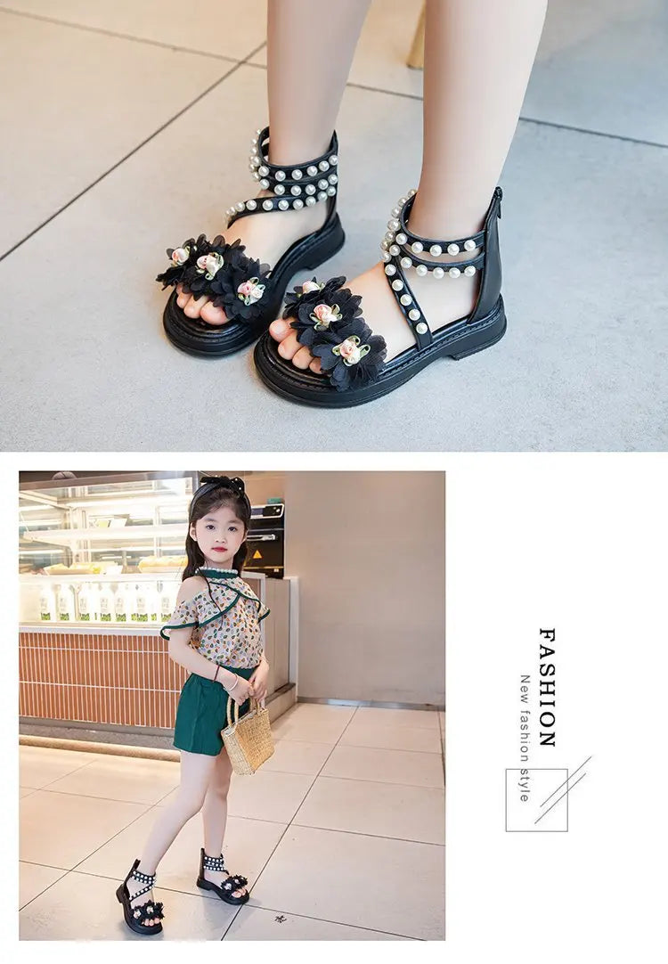 Girls Summer Sandals Soft Bottom Toe-Open Cute Princess Shoes Middle Large Children Little Girls Student Beach Shoes