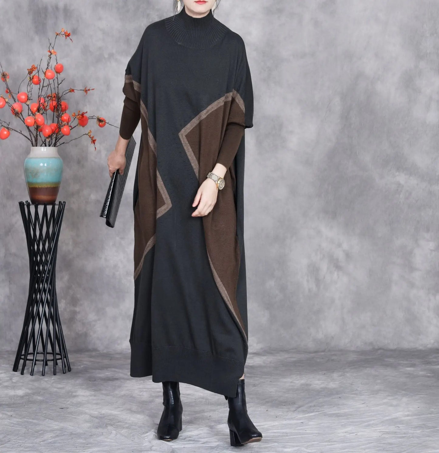 Johnature 2025 Woman Autumn New Fashion Mock Neck Loose Long Sleeves Dress Chinese Style Contrast Batwing Sleeve Casual Dress