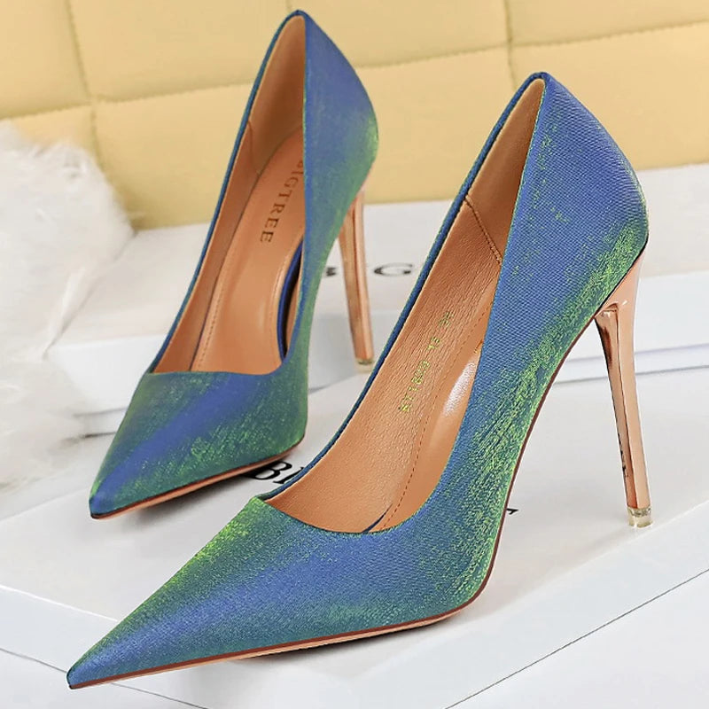 BIGTREE Shoes Women Pumps Metal heeled women shoes Satin Pumps Women Heels Stiletto High Heels Wedding Shoes Women 10.5 cm heels