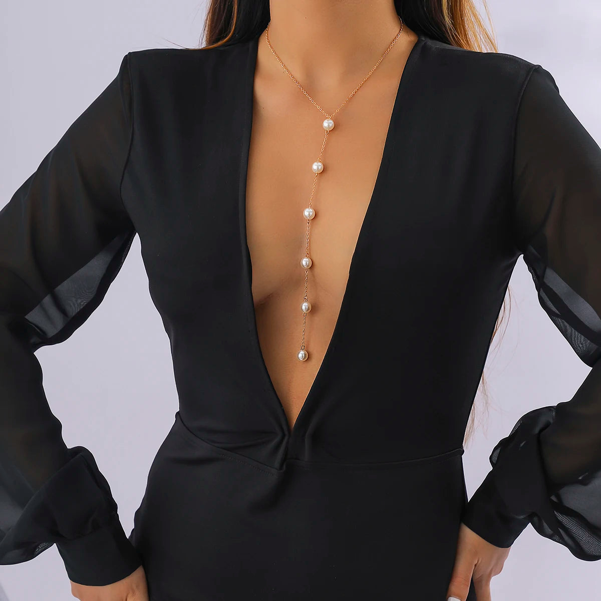 IngeSight.Z Simple Long Imitation Pearls Back Necklace For Women Sexy Tassel Pearl Harness Bikini Chest Chain Body Jewelry Mujer