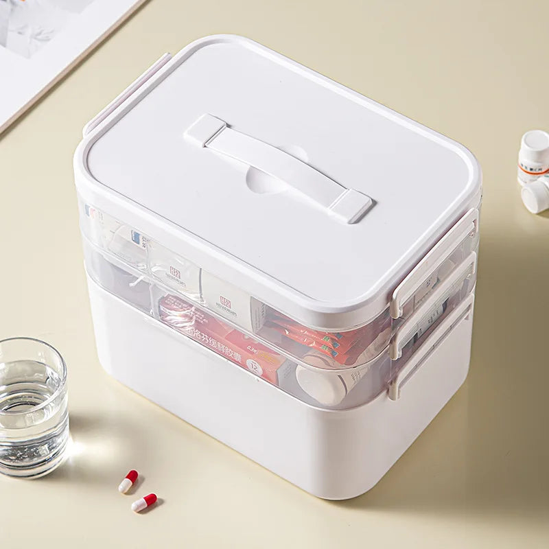 Multi-Layer Medicine Storage Box - Portable Home Emergency Organizer with Snap Closure, Durable Plastic Material, for Storing and Organizing Medicines and Miscellaneous Items