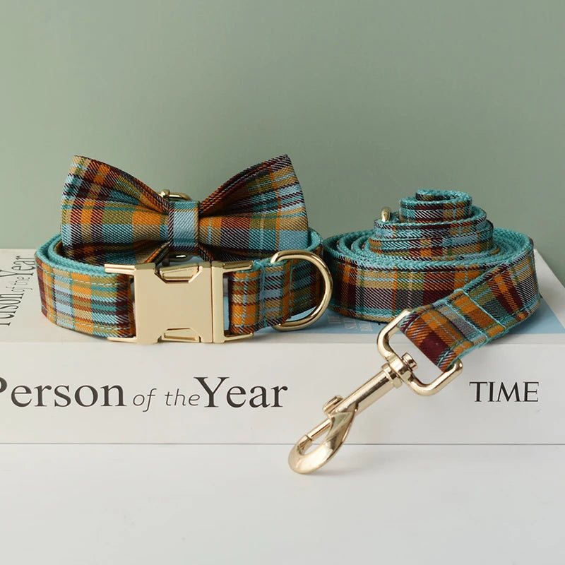 Plaid Dog Collar Designer With Bow Tie Custom Dog Accessories Luxury Pet collar leash set