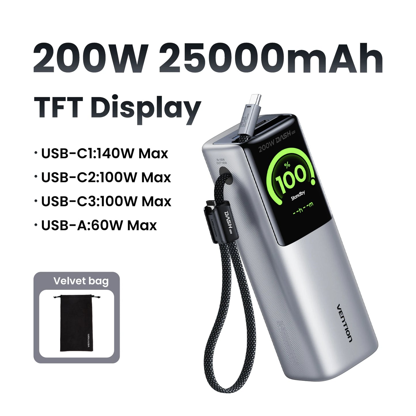 Vention 200W 25000mAh Power Bank Retractable Cables Portable PD External Battery PowerBank for Laptop Macbook Pro Fast Charge