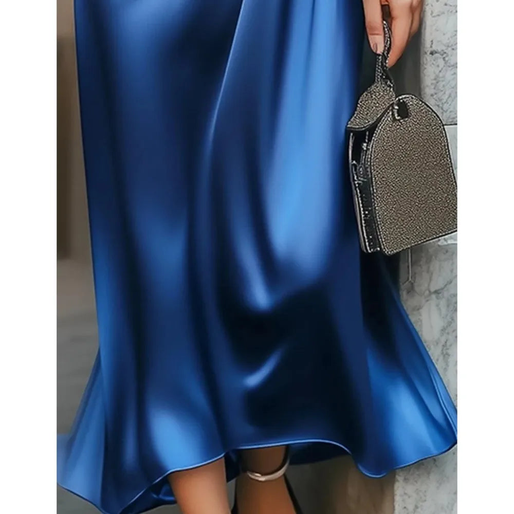 Fashion V Neck Short Sleeved Solid Color Dress Satin Women's Dress Elegant Form Fitting High-waisted Pleated Female Office Dress