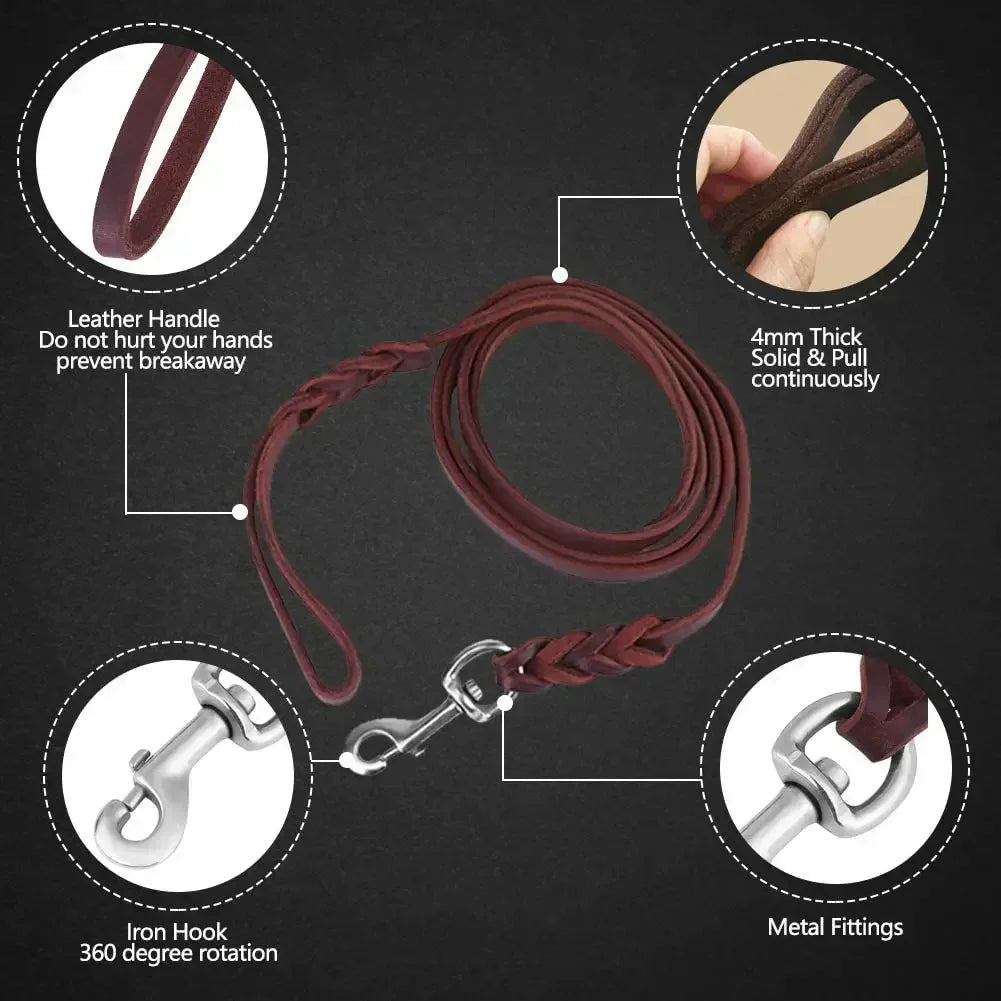 Handmade Genuine Leather Braided Dog Leash Heavy-Duty Training Lead with Metal Hook for Medium/Large Pets Dog Collar