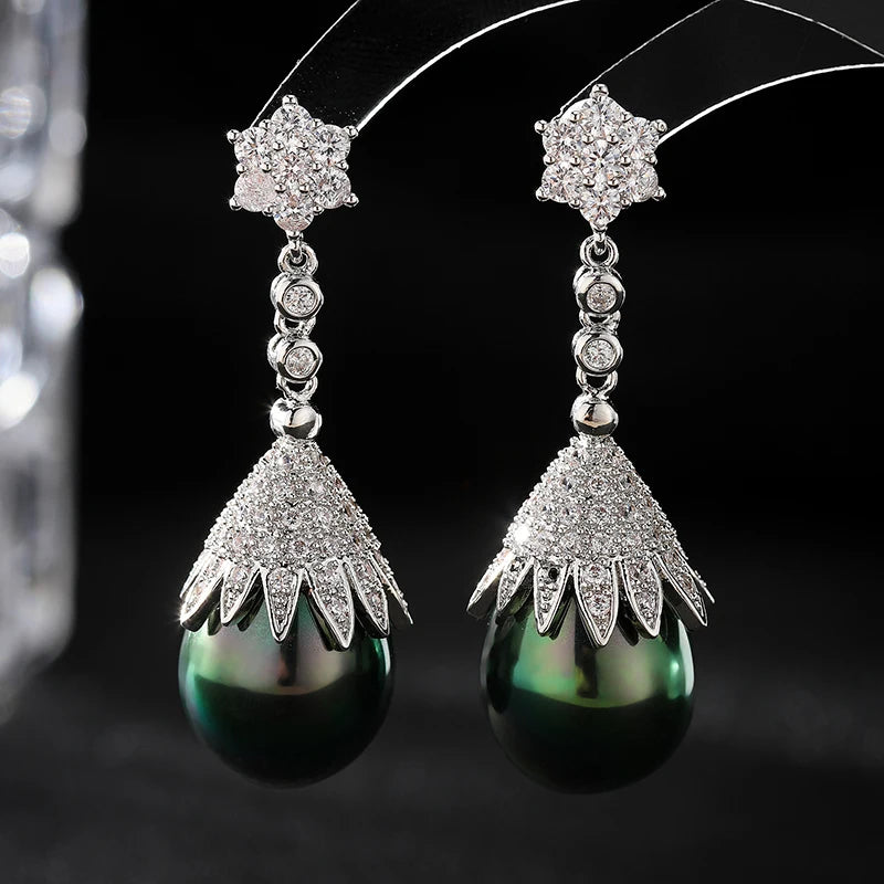 SENYU Luxury Emerald Color Water Drop Shell Pearl Drop Earrings Shiny Women Zircon Earrings for Wedding Brides Jewelry Gifts