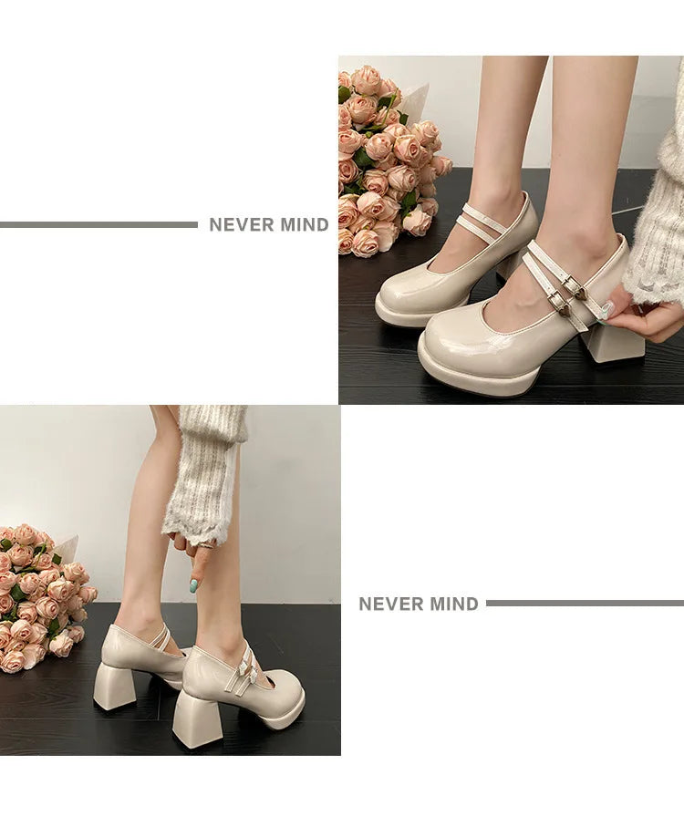 Women Chunky Heels Mary Jane Shoes Princess Spring New Fashion Platform Comfortable Black Soft Anti-slippery Dress Leather Shoes