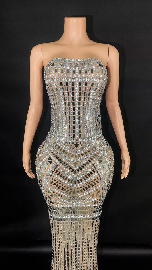 ZD Sexy Sparkly Multicolor  sequin Rhinestones Sleeveless Long Dress Women Birthday Celebrate Prom Dance Dress Plus Size