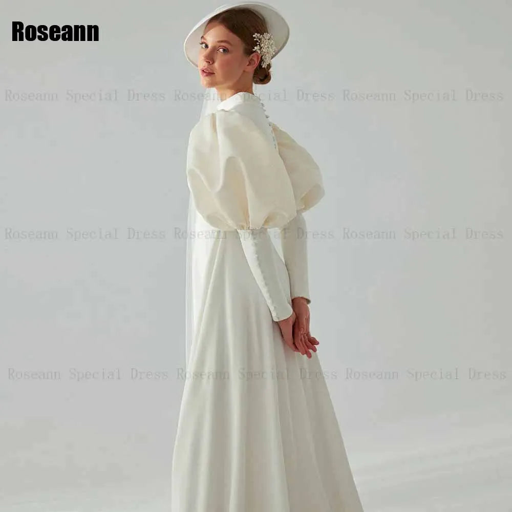 Customized Muslim Exquisite A-line Wedding Dresses Button Puff Sleeve High Collar Satin Bride Gown Floor Length robe de mariée