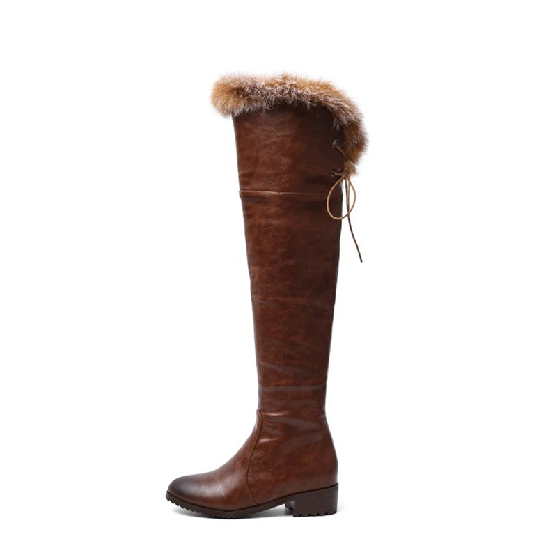SIMLOVEYO Snow Boots fur Women Leather Boots Med Block Heels Over The Knee Boots Lady Shoes Bota Feminina Size 44 46