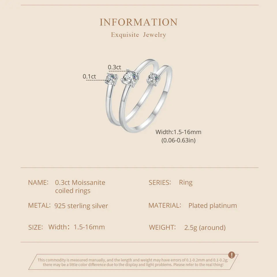 WOSTU Three layer 0.5 CT Moissanite Coiled Ring 925 Sterlin Silver D Color Moissanite Stackable Promise Wedding Ring Party Gift
