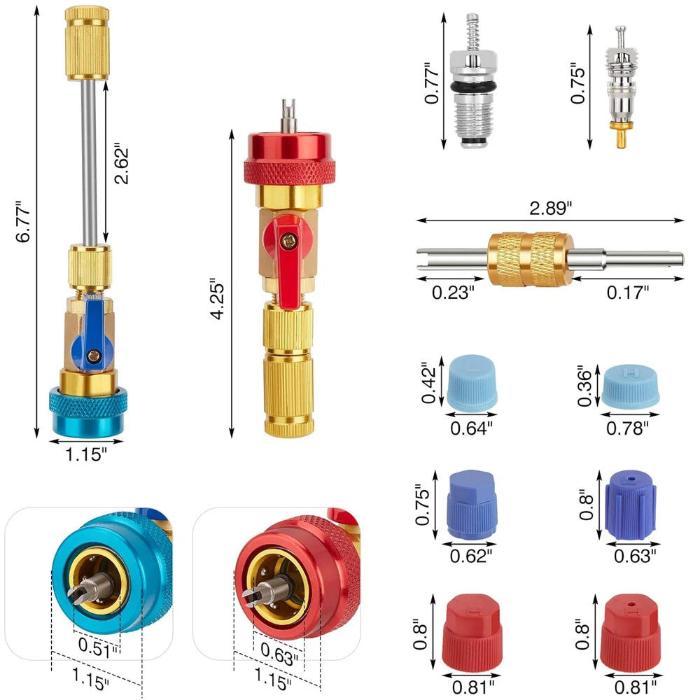 R134A Valve Core Quick Remover Installer, High Low Pressure Valve Core Remover Tools Kit for Refrigerant Air Conditioner System