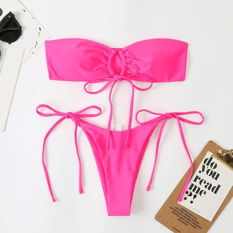 Sexy Bandeau Bikini Swimwear Women Red Black Pleate Lace Up Swimsuit 2026 Cut Out Beach Bathing Suit Tie Side Thong Bikinis Sets