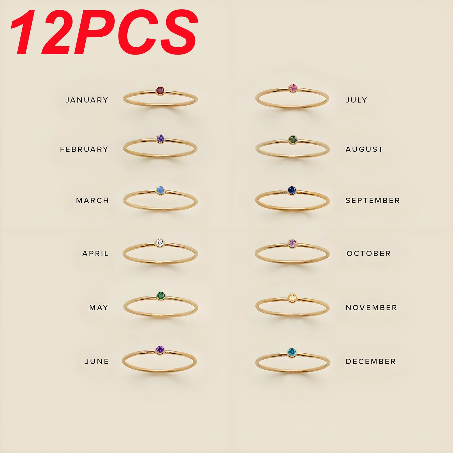 14K Gold Plated Stainless Steel Birthstone Ring for Women Tiny Thin Stacking Ring Colorful Zircon Crystal Aesthetic Jewelry Gift