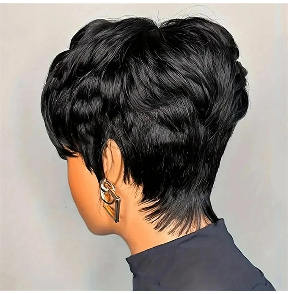 Short Pixie Cut Wig Black Real 100% Human Hair Wigs for Black Women Textured Layered Side Bang Natural Hairline Daily Work Styl