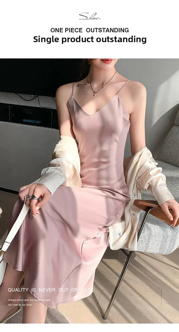 Silk V-neck Slim-fit Satin Dress Sexy Strap Long Gown for Women New 2025 Spring Summer Inner Wear Dress Elegant Lady Dress