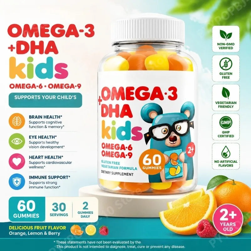 Omega 3 DHA Kids Gummies 60pcs Fruity Vegetarian Gluten Free  Daily Nutritional Support for Children 2+