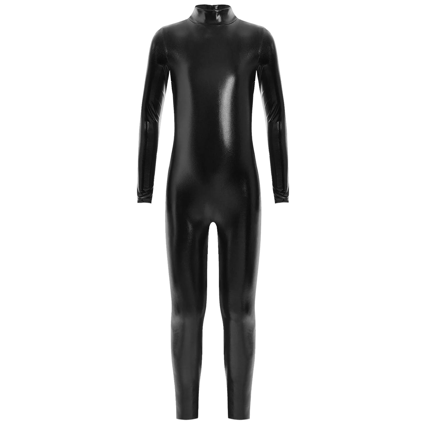Kids Boys Girls Dance Metallic Jumpsuit Children's Gymnastics Bodysuit Performance Costume Long Sleeve Full Length Leotard