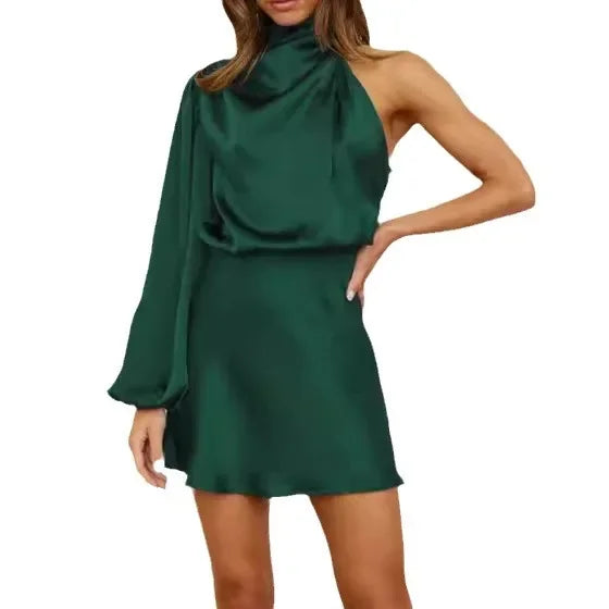 Silk Satin Long Sleeve Mini Skirt Spring 2024 Women's Single Shoulder Cocktail Dress round Neck Short Skirt Fashionable Ladies'