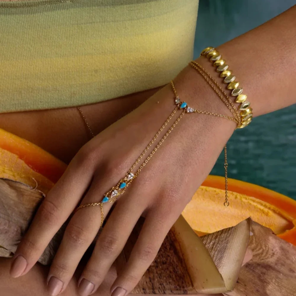 2025 New High Quality Geometric Bezel Setted Blue Turquoises Stone Summer Hot Fashion Jewelry Women Hand Chain Bracelet